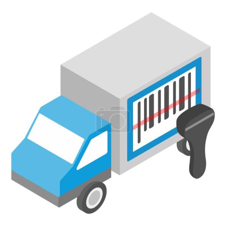 Téléchargez les illustrations : Icône de service de livraison vecteur isométrique. Camion avec code à barres et scanner de codes à barres. Concept logistique, camionnage, transport de marchandises - en licence libre de droit
