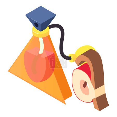 Illustration for Fashion perfume icon isometric vector. Bottle of perfume, red apple with cinnamon. Parfum de toilette, fruity aroma, perfumery - Royalty Free Image