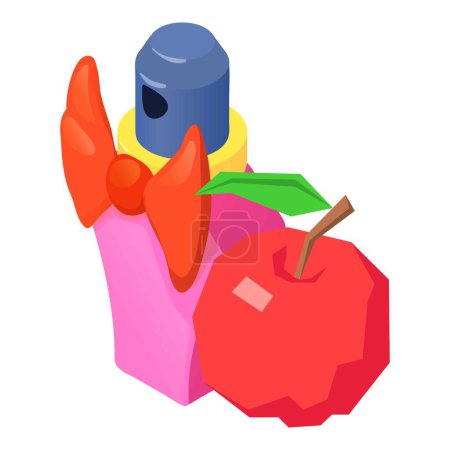 Illustration for Elegant perfume icon isometric vector. Bottle of perfume and red geometric apple. Parfum de toilette, fruity aroma, perfumery - Royalty Free Image