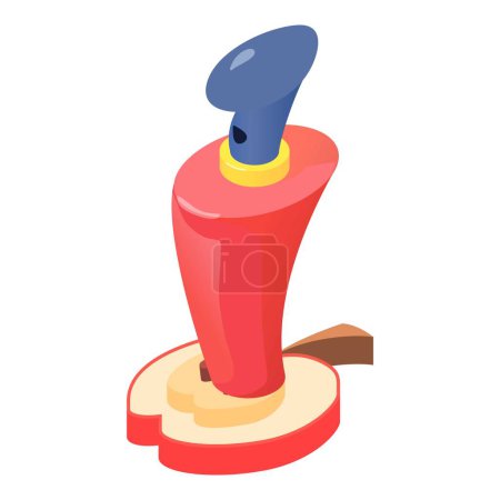 Illustration for Expensive perfume icon isometric vector. Bottle of perfume on piece of red apple. Parfum de toilette, fruity aroma, perfumery - Royalty Free Image
