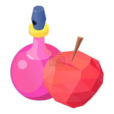 Illustration for Female perfume icon isometric vector. Bottle of perfume and red apple polygonal. Parfum de toilette, fruity aroma, perfumery - Royalty Free Image