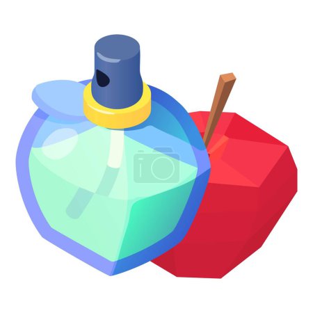 Illustration for Perfume concept icon isometric vector. Bottle of perfume and red apple polygonal. Parfum de toilette, fruity aroma, perfumery - Royalty Free Image