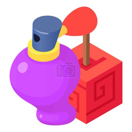 Illustration for Perfume bottle icon isometric vector. Bottle of perfume and red square apple. Parfum de toilette, fruity aroma, perfumery - Royalty Free Image