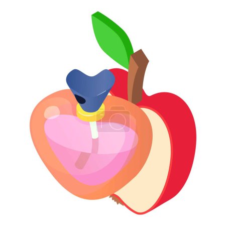 Illustration for Perfume icon isometric vector. Bottle of perfume in shape heart, half red apple. Parfum de toilette, fruity aroma, perfumery - Royalty Free Image