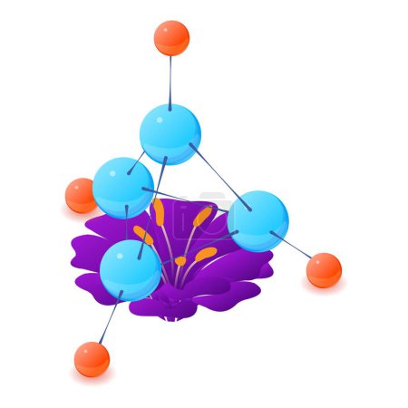 Illustration for Violet flower icon isometric vector. Bloomed violet flower, multicolored molecule. Biology and botany science, plant genetic engineering, biotechnology - Royalty Free Image