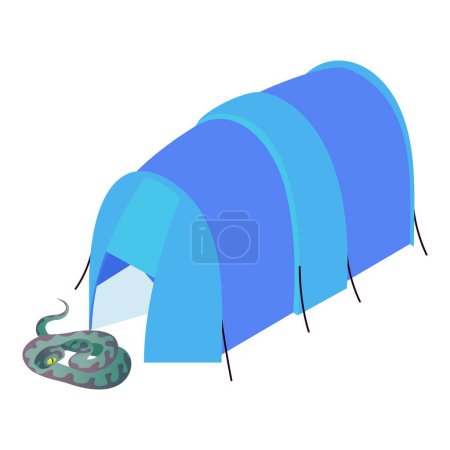 Illustration for Purple snake icon isometric vector. Snake near blue open tunnel camping tent . Camping, ecotourism, summer rest, recreation - Royalty Free Image