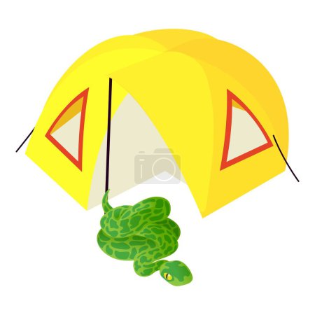 Illustration for Anaconda icon isometric vector. Green anaconda near yellow open camping tent. Camping, ecotourism, summer rest, recreation, journey - Royalty Free Image