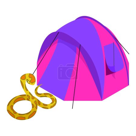 Illustration for Tiger python icon isometric vector. Python snake near colorful camping tent icon. Camping, ecotourism, summer rest, recreation, journey - Royalty Free Image