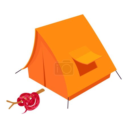 Illustration for Red snake icon isometric vector. Red cobra near orange closed camping tent icon. Camping, ecotourism, summer rest, recreation, journey, danger - Royalty Free Image