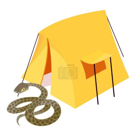 Illustration for Common anaconda icon isometric vector. Huge anaconda near yellow camping tent. Camping, ecotourism, recreation, danger - Royalty Free Image