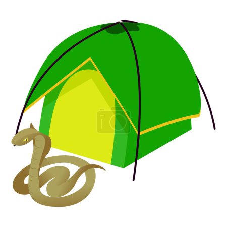Illustration for Cobra icon isometric vector. King cobra near bright green camping tent icon. Camping, ecotourism, summer rest, recreation, danger - Royalty Free Image