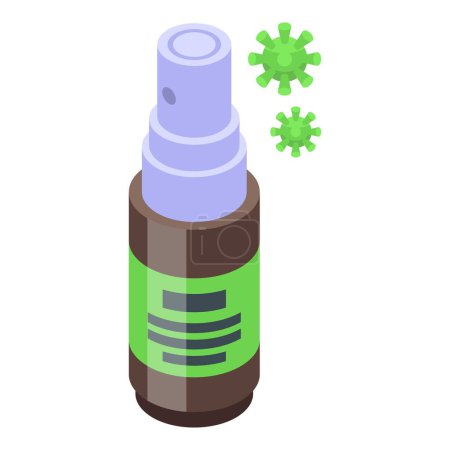 Téléchargez les illustrations : Vecteur isométrique d'icône de bouteille de pulvérisation antivirale. Virus médical. Remède de santé - en licence libre de droit