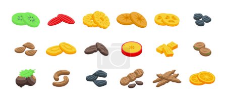 Téléchargez les illustrations : Fruits secs icônes ensemble vecteur isométrique. Figue d'abricot. Raisin alimentaire - en licence libre de droit