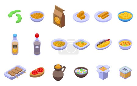 Illustration for Soy food icons set isometric vector. Milk soya. Vegan drink - Royalty Free Image