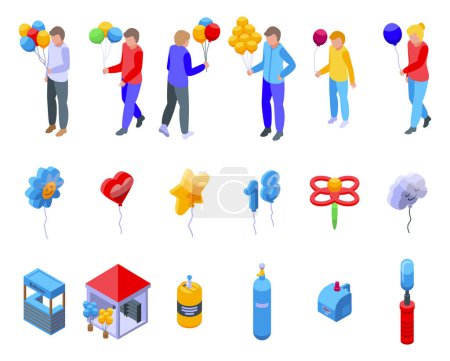 Illustration for Balloon seller icons set isometric vector. Character buyer. Seller amusement - Royalty Free Image
