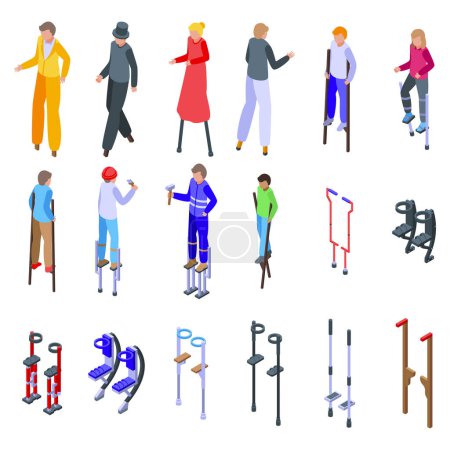 Illustration for Stilt icons set isometric vector. Active children. Boy people - Royalty Free Image