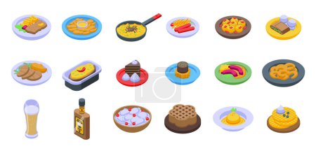 Illustration for Austrian cuisine icons set isometric vector. Strudel bakery. Cafe plate - Royalty Free Image