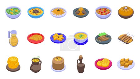 Ilustración de Los iconos de la cocina de Azerbaiyán establecen un vector isométrico. Cultura Bakú. Alimentos frescos - Imagen libre de derechos