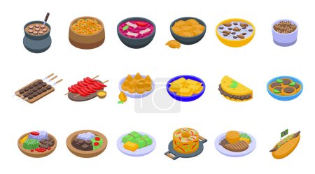 Illustration for Brazilian culinary icons set isometric vector. Arancini bread. Rice plate - Royalty Free Image