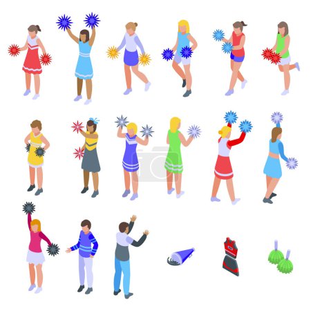 Illustration for Cheerleaders icons set isometric vector. Dance woman. Young american - Royalty Free Image