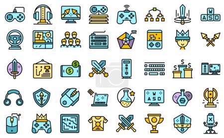 Illustration for E-sports icons set outline vector. Game computer. Console controller thin line color flat on white - Royalty Free Image