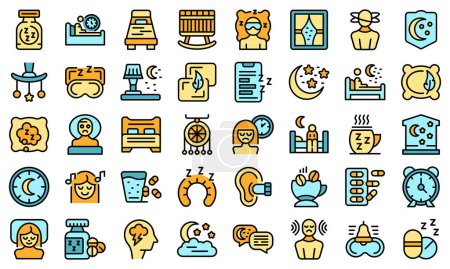 Illustration for Insomnia icons set outline vector. Coffee man. Stress causes thin line color flat on white - Royalty Free Image