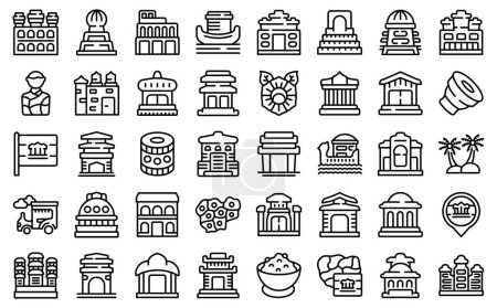 Ilustración de Los iconos de Camboya establecen el vector de contorno. Arquitectura asiática. Mapa de vestuario - Imagen libre de derechos