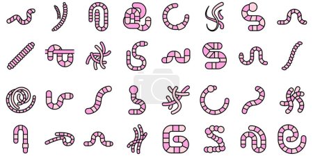 Illustration for Worm icons set outline vector. Animal bait. Bookworm caterpillar thin line color flat on white - Royalty Free Image