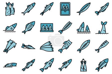 Téléchargez les illustrations : Ensemble d'icônes de hareng vecteur contour. Morue de poisson. Truite d'eau ligne mince couleur plate sur blanc - en licence libre de droit