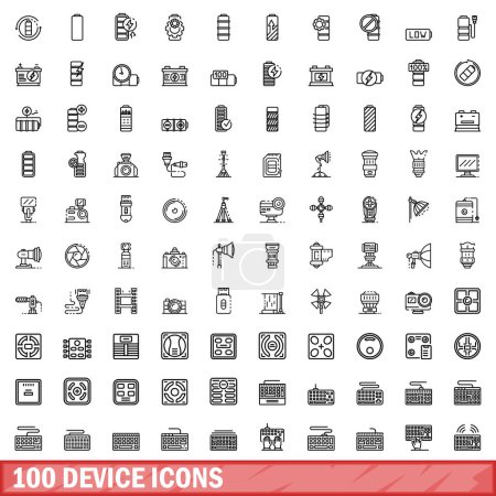 Téléchargez les illustrations : Ensemble de 100 icônes de périphérique. Illustration schématique de 100 icônes de périphérique ensemble vectoriel isolé sur fond blanc - en licence libre de droit
