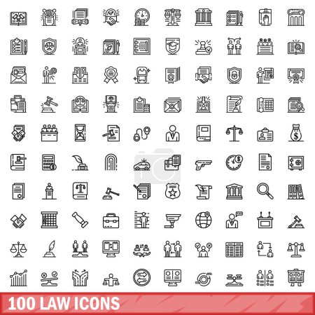 Téléchargez les illustrations : Ensemble de 100 icônes de loi. Illustration schématique de 100 icônes de loi ensemble vectoriel isolé sur fond blanc - en licence libre de droit
