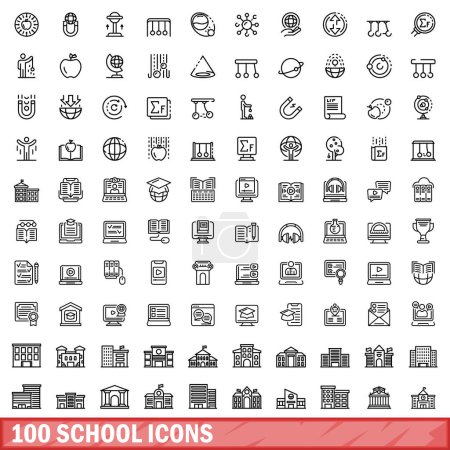Téléchargez les illustrations : Ensemble de 100 icônes scolaires. Illustration schématique de 100 icônes scolaires ensemble vectoriel isolé sur fond blanc - en licence libre de droit