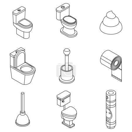 Ilustración de Set de iconos de baño. Conjunto isométrico de inodoro baño iconos vectoriales contorno aislado sobre fondo blanco - Imagen libre de derechos