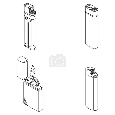 Illustration for Cigarette lighter icons set. Isometric set of cigarette lighter vector icons outline isolated on white background - Royalty Free Image