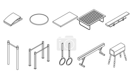 Illustration for Gymnastics equipment icons set. Isometric set of gymnastics equipment vector icons outline isolated on white background - Royalty Free Image