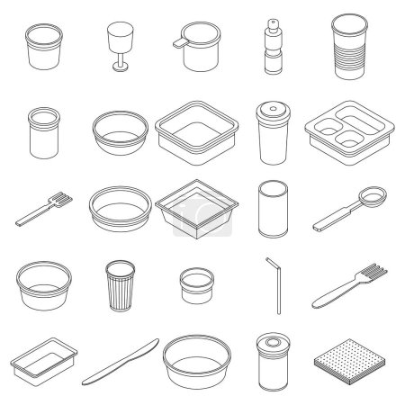 Plastic tableware icons set. Isometric set of plastic tableware vector icons outline isolated on white background