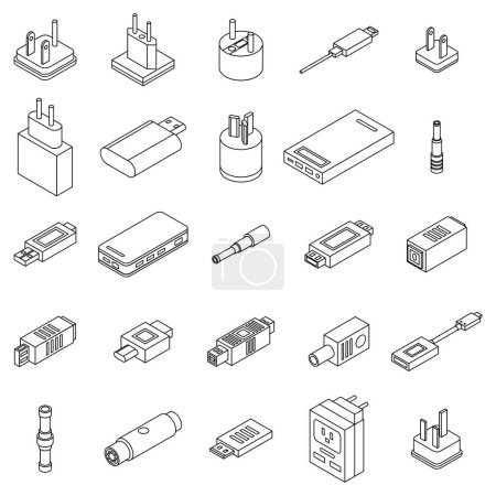 Illustration for Adapter icons set. Isometric set of adapter vector icons outline isolated on white background - Royalty Free Image