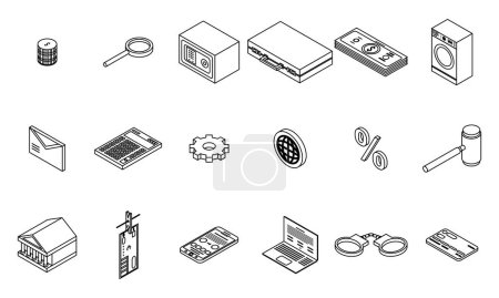 Geldwäsche-Symbole gesetzt. Isometrisches Set von Geldwäsche-Vektorsymbolen umreißt isoliert auf weißem Hintergrund