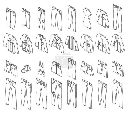 Illustration for Jeans icons set. Isometric set of jeans vector icons outline isolated on white background - Royalty Free Image