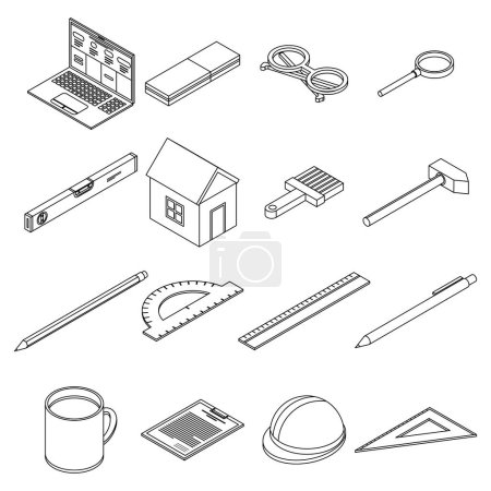 Illustration for Architect equipment icons set. Isometric set of architect equipment vector icons outline isolated on white background - Royalty Free Image