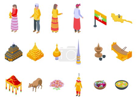 Téléchargez les illustrations : Myanmar icônes ensemble vecteur isométrique. Point de repère en Birmanie. Temple de l'architecture - en licence libre de droit