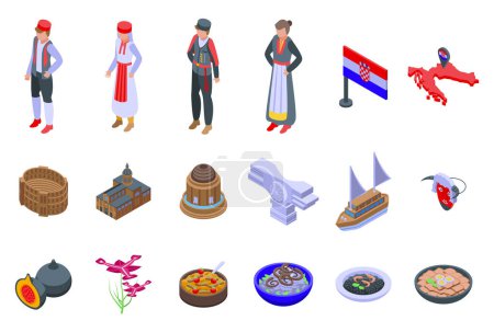 Illustration for Croatia icons set isometric vector. Split zagreb. Food travel - Royalty Free Image