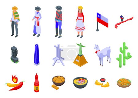 Illustration for Chile icons set isometric vector. Map adventure. Travel america - Royalty Free Image