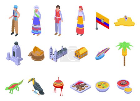 Ilustración de Iconos de Ecuador establecen vector isométrico. Bandera de América. Ciudad plátano - Imagen libre de derechos