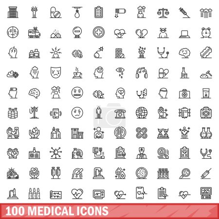 Téléchargez les illustrations : Ensemble de 100 icônes médicales. Illustration schématique de 100 icônes médicales ensemble vectoriel isolé sur fond blanc - en licence libre de droit