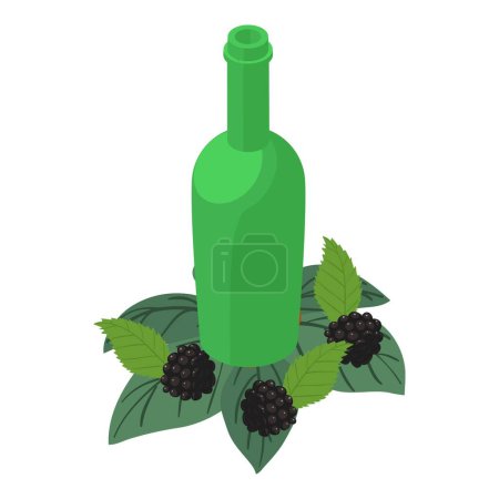 Illustration for Blackberry drink icon isometric vector. Green glass bottle and blackberry icon. Natural ingredient, berry tincture - Royalty Free Image