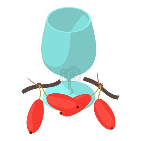 Illustration for Barberry drink icon isometric vector. Decorative stemmed glass, red barberry icon. Useful drink, natural ingredient, healthy food - Royalty Free Image