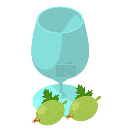 Illustration for Gooseberry drink icon isometric vector. Stemmed glass and green gooseberry. Summer drink, natural ingredient, healthy food - Royalty Free Image
