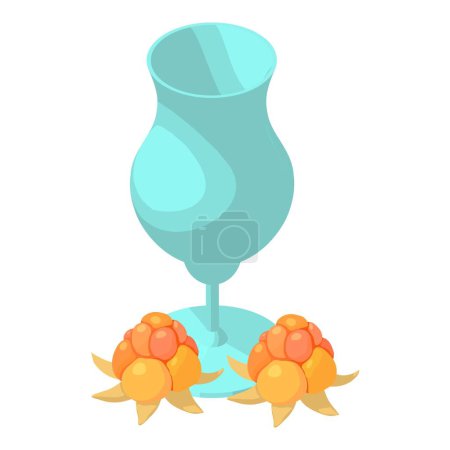 Illustration for Cloudberry drink icon isometric vector. Stemmed glass and juicy cloudberry icon. Natural ingredient, healthy food, vegan drink - Royalty Free Image