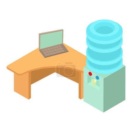 Illustration for Office furniture icon isometric vector. Work desk with laptop and water cooler. Workplace, furniture, equipment - Royalty Free Image